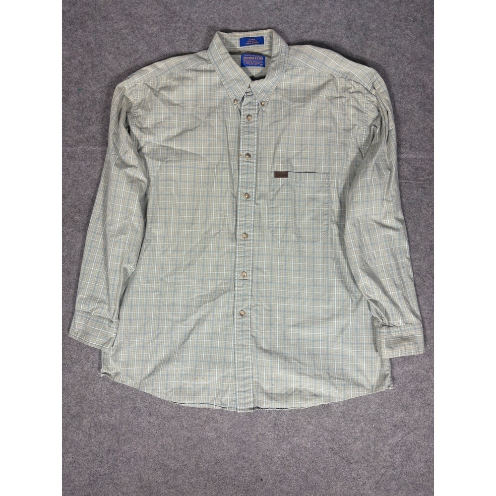 Pendleton Mens XL Plaid Button Down Shirt Cotton Long Sleeve Sage Green Blue